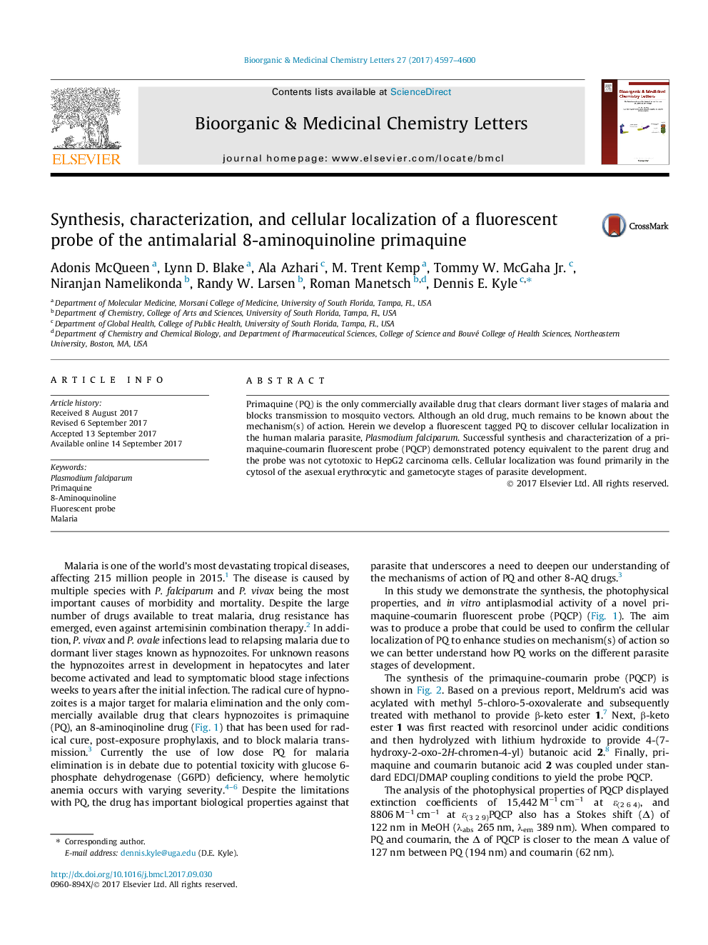 Synthesis, characterization, and cellular localization of a fluorescent probe of the antimalarial 8-aminoquinoline primaquine