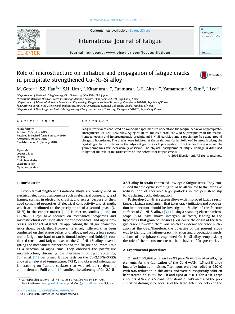 Role of microstructure on initiation and propagation of fatigue cracks in precipitate strengthened Cu–Ni–Si alloy