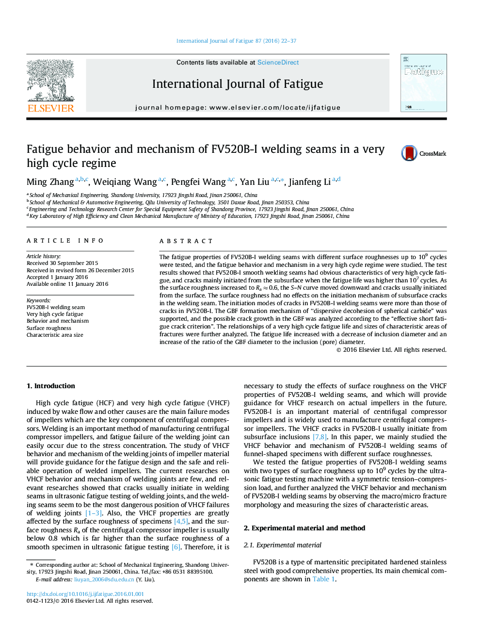 Fatigue behavior and mechanism of FV520B-I welding seams in a very high cycle regime