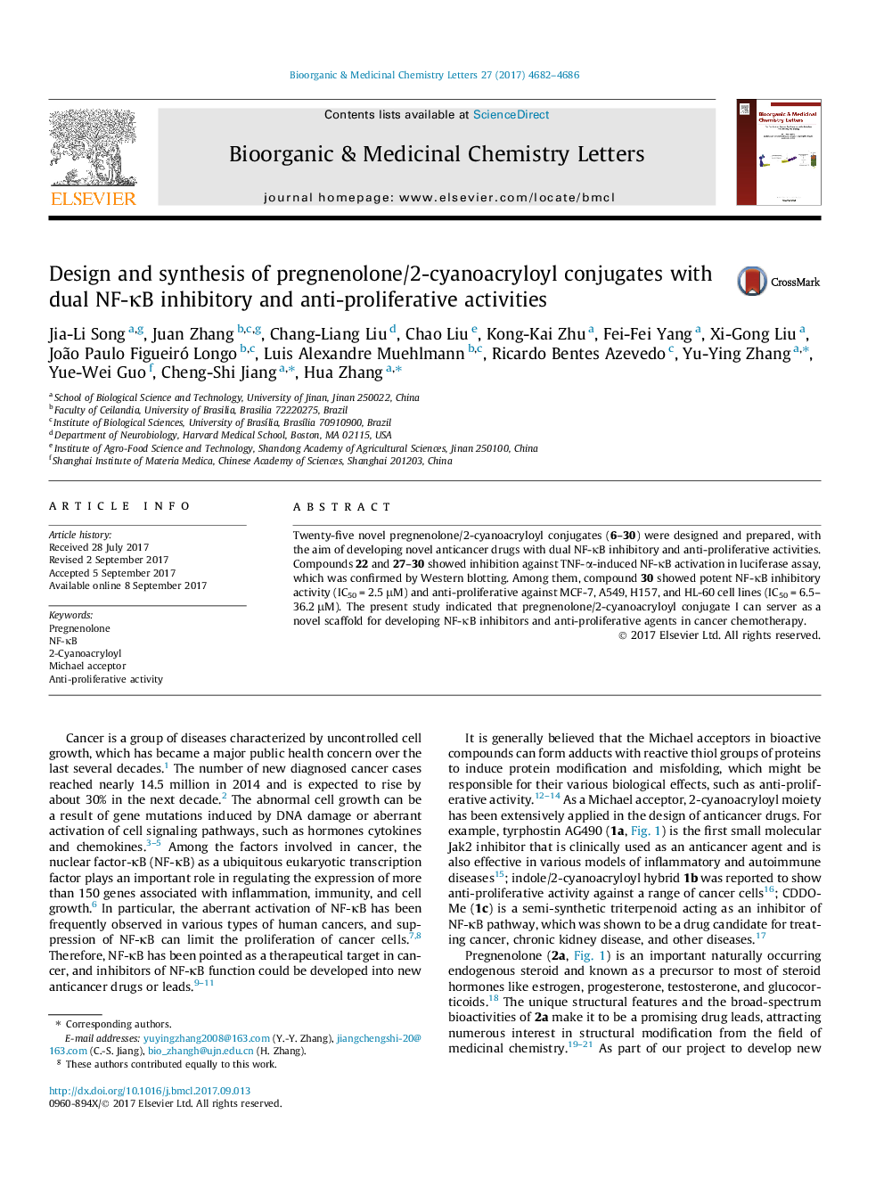 Design and synthesis of pregnenolone/2-cyanoacryloyl conjugates with dual NF-ÎºB inhibitory and anti-proliferative activities