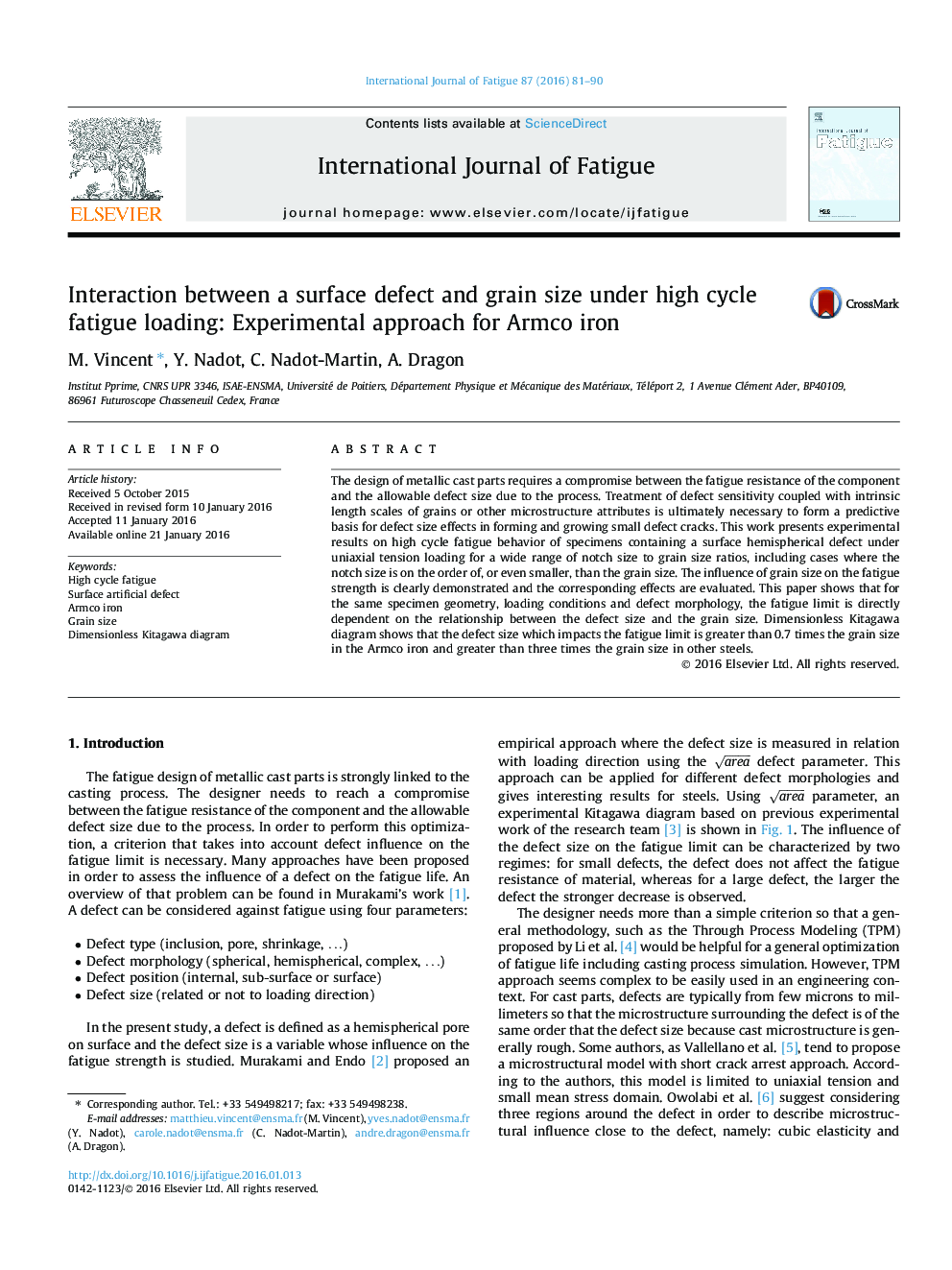 Interaction between a surface defect and grain size under high cycle fatigue loading: Experimental approach for Armco iron