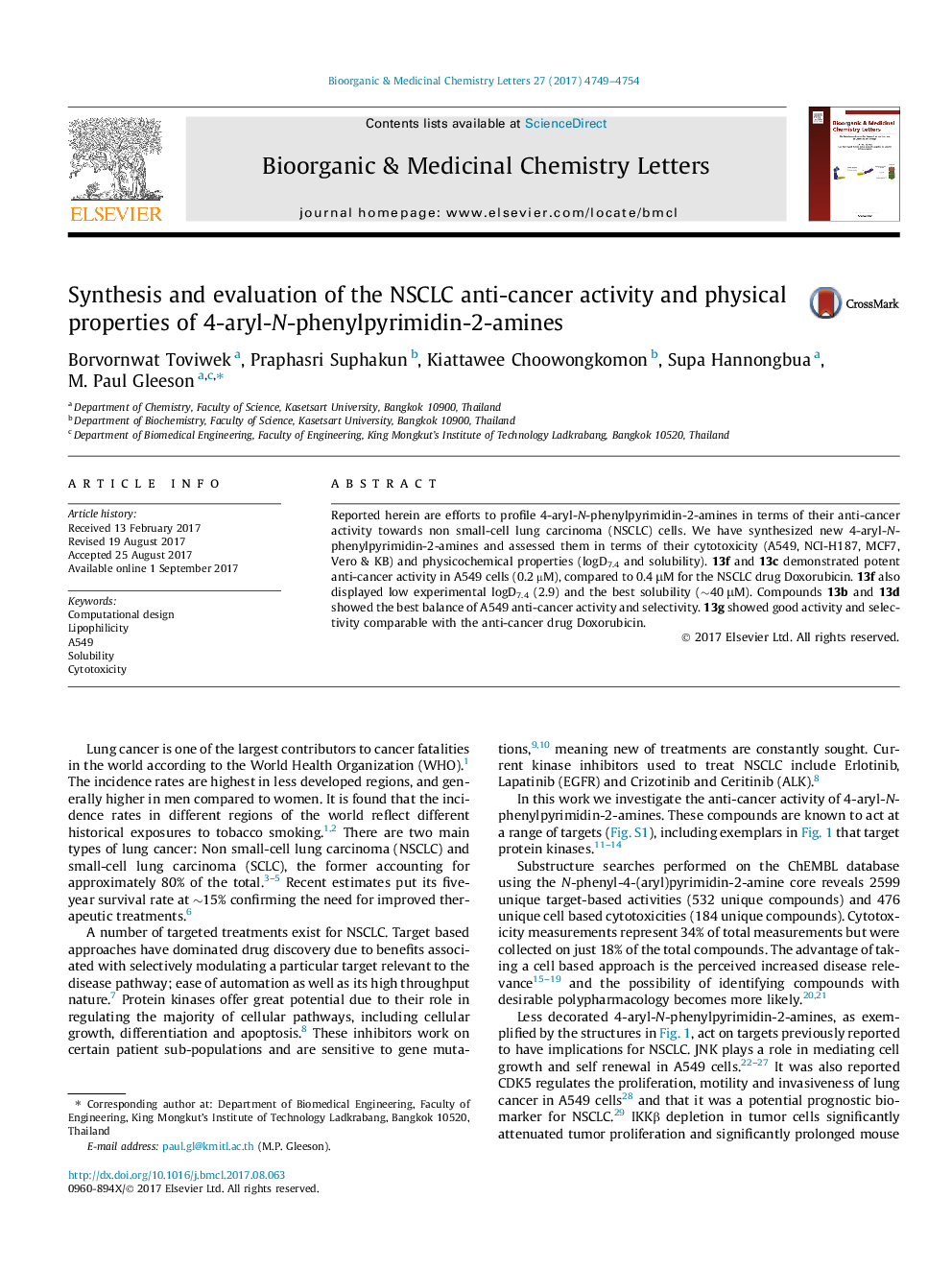 Synthesis and evaluation of the NSCLC anti-cancer activity and physical properties of 4-aryl-N-phenylpyrimidin-2-amines