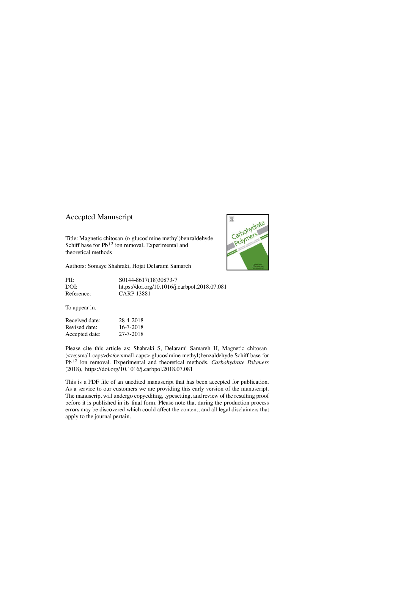 Magnetic chitosan-(d-glucosimine methyl)benzaldehyde Schiff base for Pb+2 ion removal. Experimental and theoretical methods