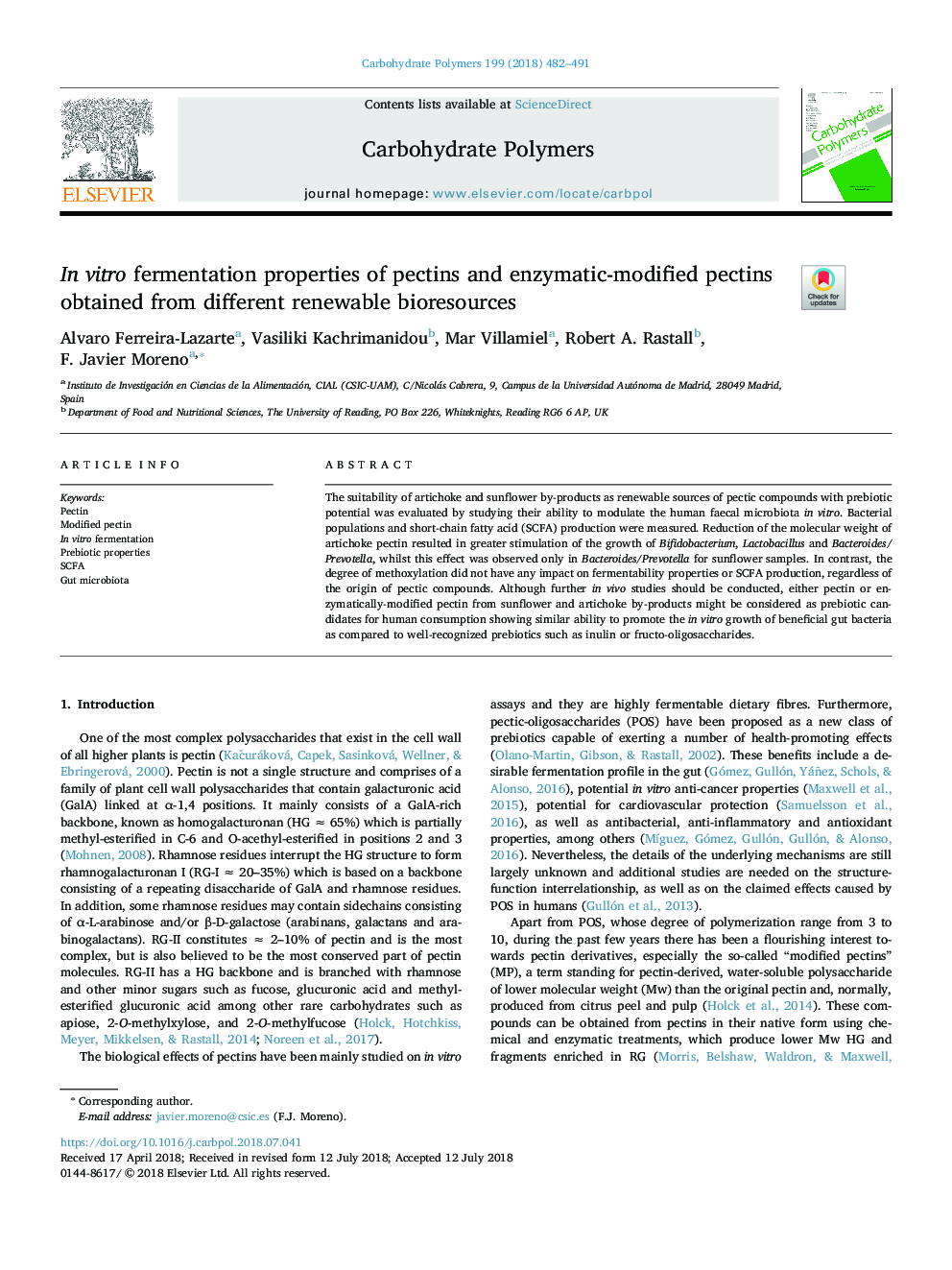 In vitro fermentation properties of pectins and enzymatic-modified pectins obtained from different renewable bioresources