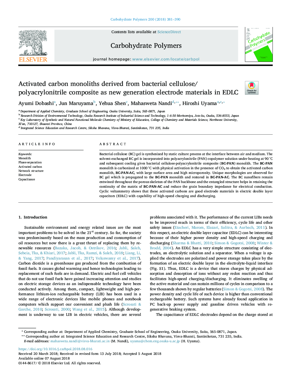 Activated carbon monoliths derived from bacterial cellulose/polyacrylonitrile composite as new generation electrode materials in EDLC