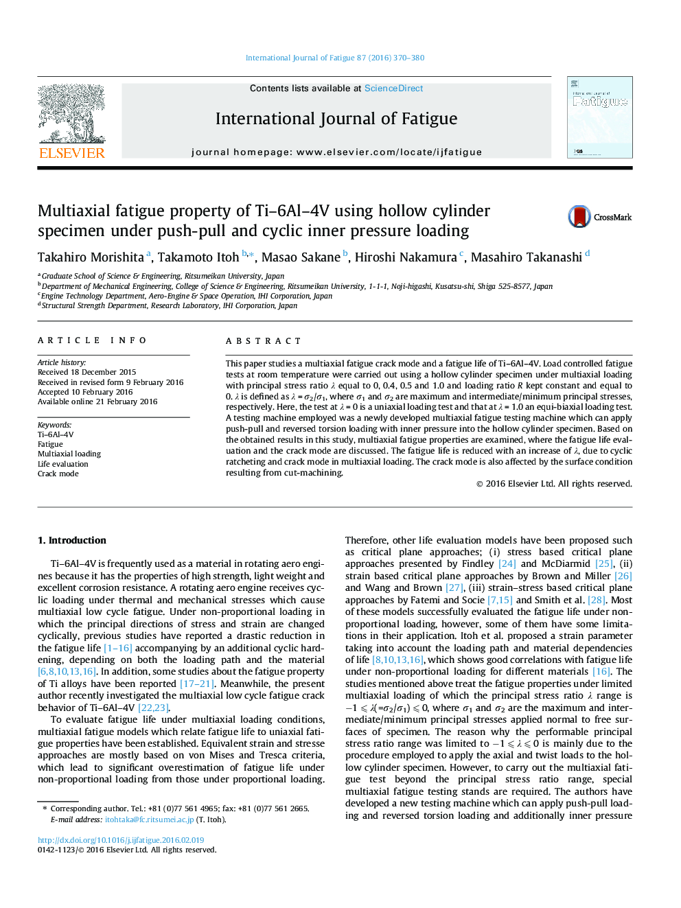 Multiaxial fatigue property of Ti–6Al–4V using hollow cylinder specimen under push-pull and cyclic inner pressure loading