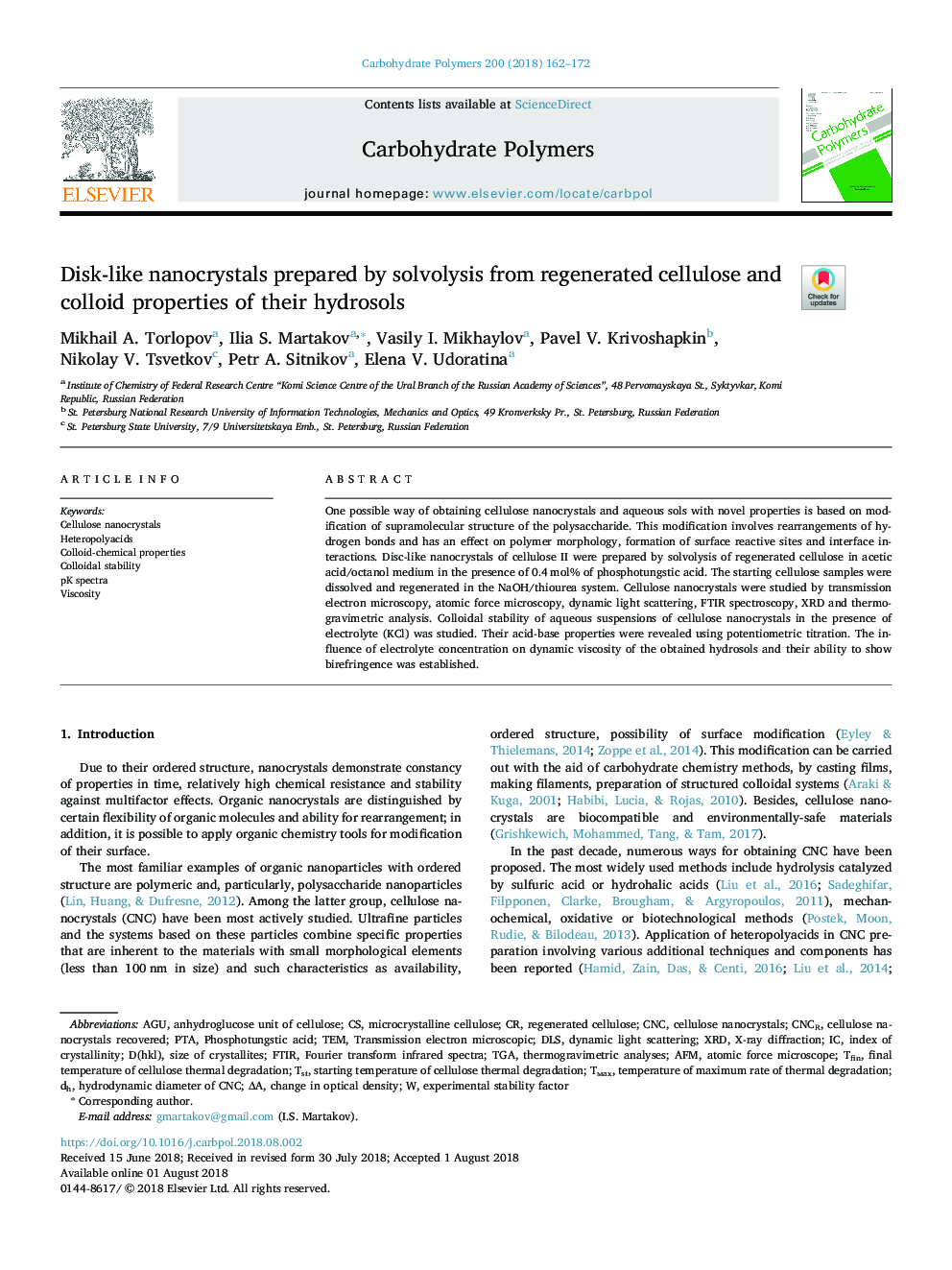 Disk-like nanocrystals prepared by solvolysis from regenerated cellulose and colloid properties of their hydrosols