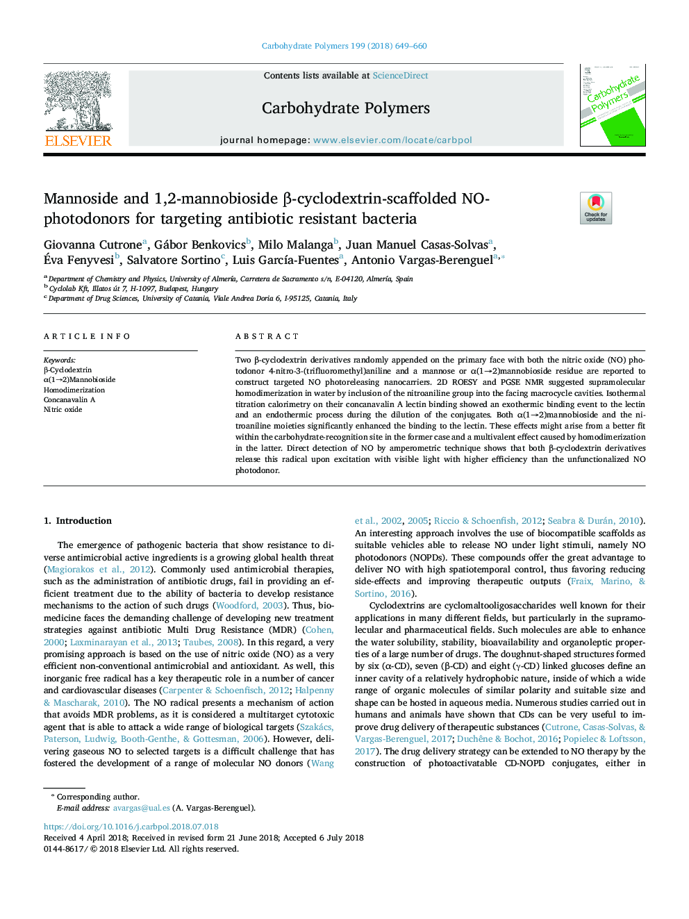 Mannoside and 1,2-mannobioside Î²-cyclodextrin-scaffolded NO-photodonors for targeting antibiotic resistant bacteria