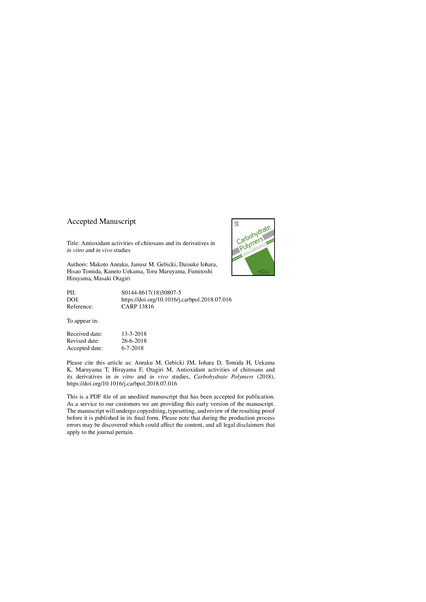 Antioxidant activities of chitosans and its derivatives in in vitro and in vivo studies