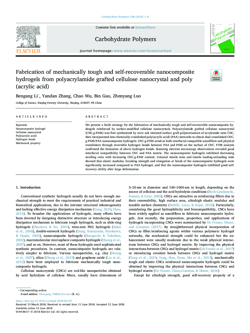 Fabrication of mechanically tough and self-recoverable nanocomposite hydrogels from polyacrylamide grafted cellulose nanocrystal and poly(acrylic acid)