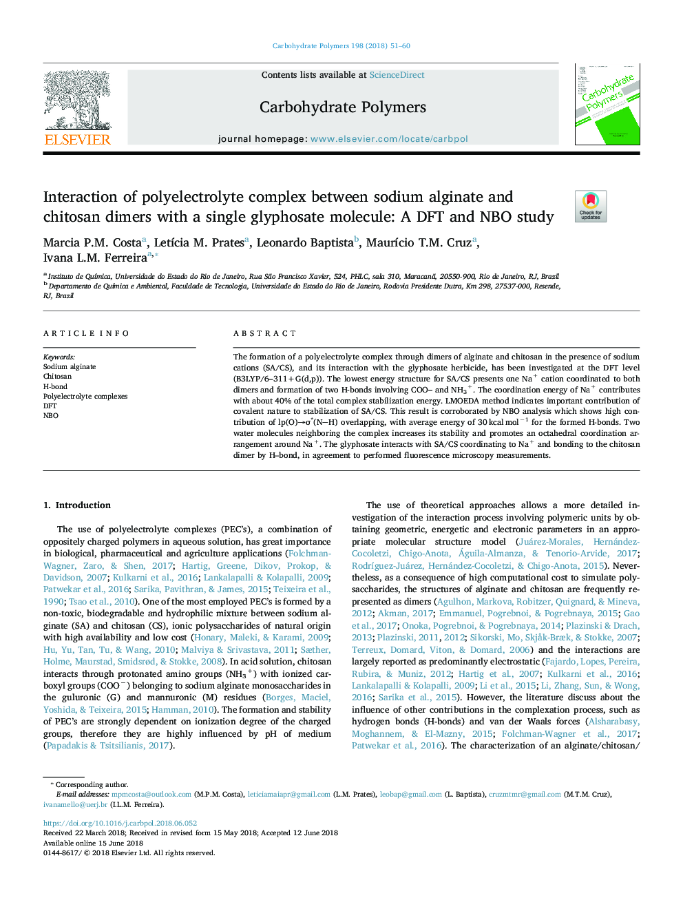 Interaction of polyelectrolyte complex between sodium alginate and chitosan dimers with a single glyphosate molecule: A DFT and NBO study