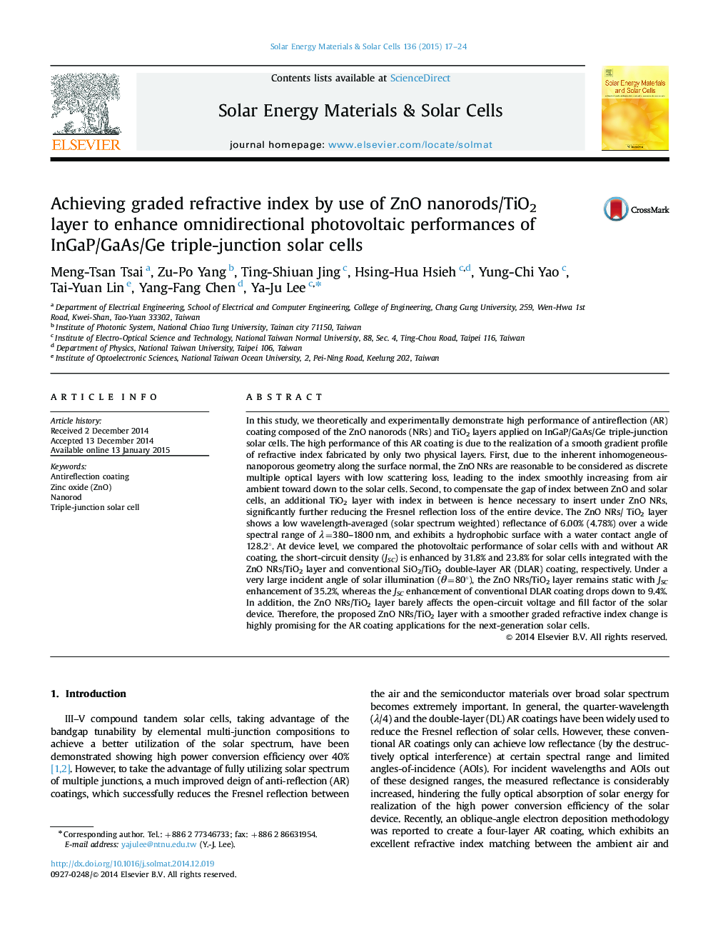 Achieving graded refractive index by use of ZnO nanorods/TiO2 layer to enhance omnidirectional photovoltaic performances of InGaP/GaAs/Ge triple-junction solar cells