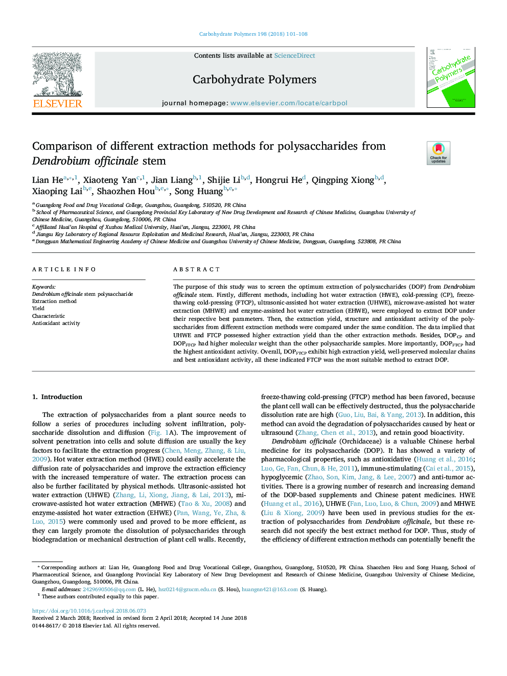 Comparison of different extraction methods for polysaccharides from Dendrobium officinale stem