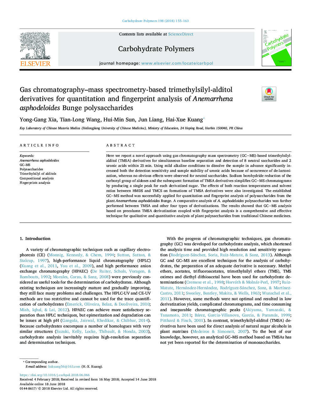 Gas chromatography-mass spectrometry-based trimethylsilyl-alditol derivatives for quantitation and fingerprint analysis of Anemarrhena asphodeloides Bunge polysaccharides