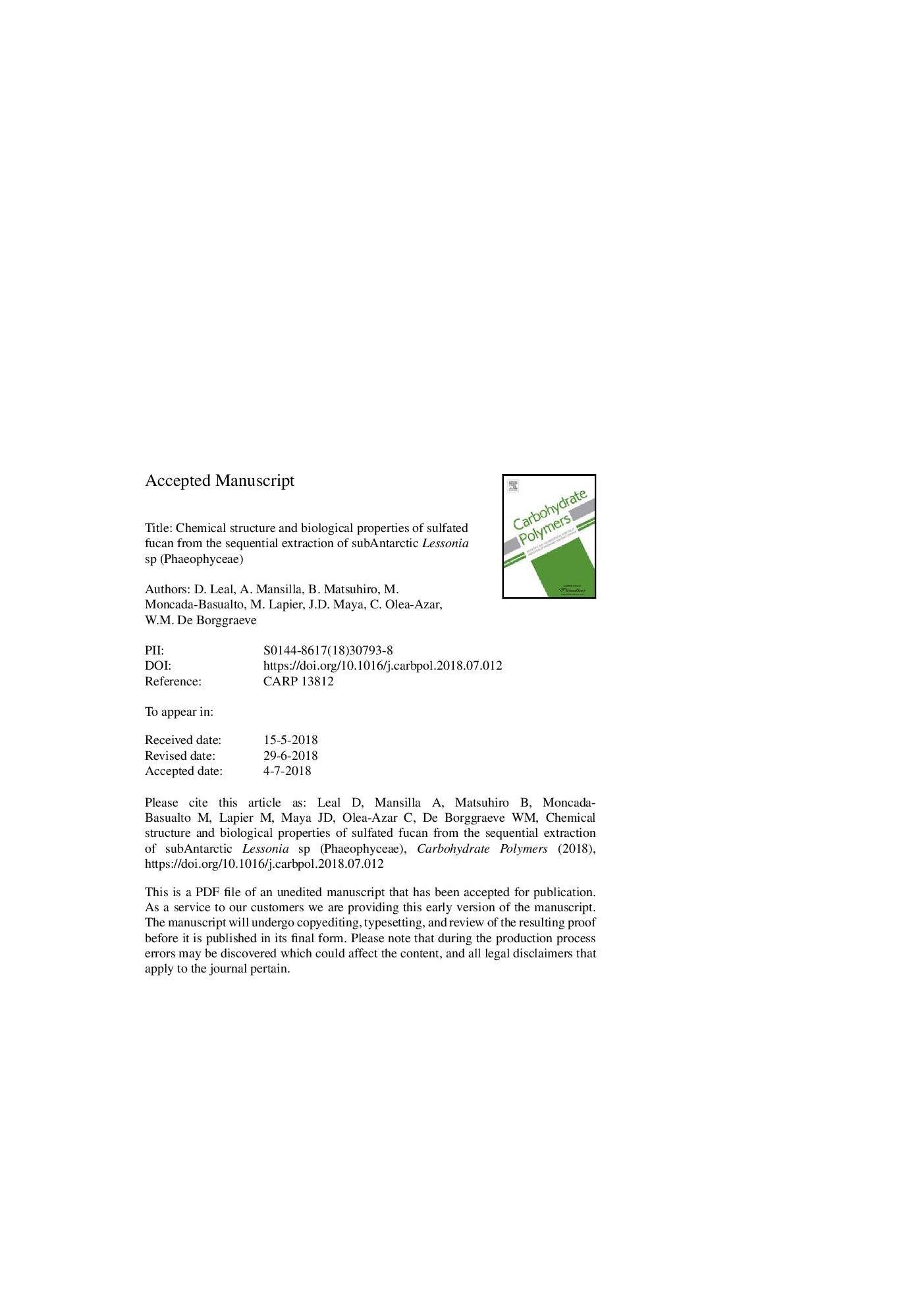 Chemical structure and biological properties of sulfated fucan from the sequential extraction of subAntarctic Lessonia sp (Phaeophyceae)