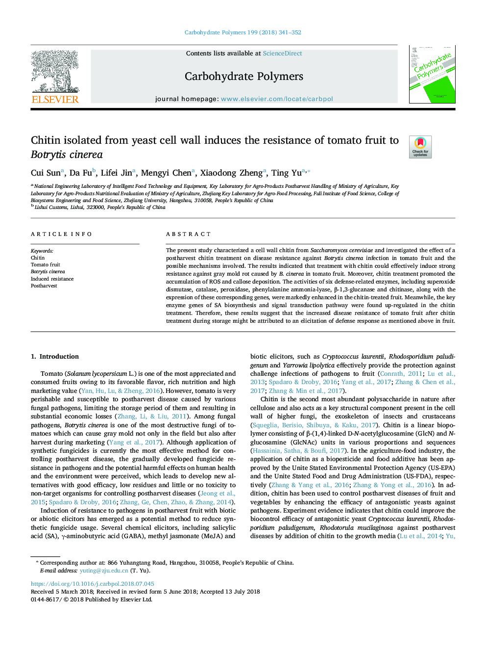 Chitin isolated from yeast cell wall induces the resistance of tomato fruit to Botrytis cinerea