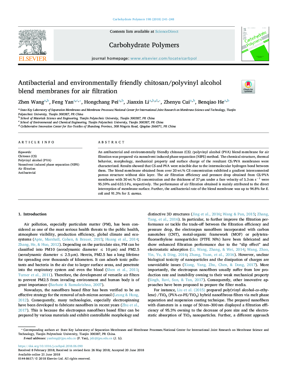 Antibacterial and environmentally friendly chitosan/polyvinyl alcohol blend membranes for air filtration