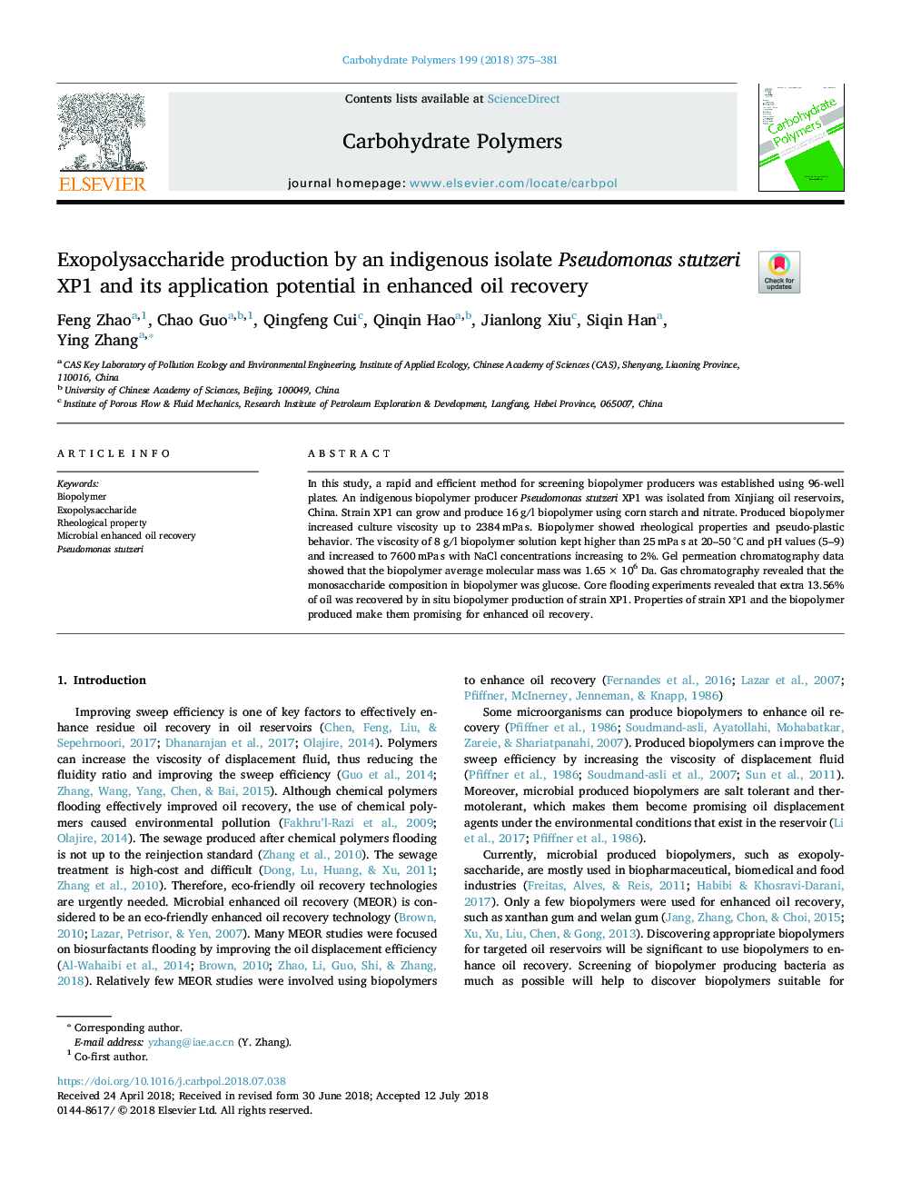 Exopolysaccharide production by an indigenous isolate Pseudomonas stutzeri XP1 and its application potential in enhanced oil recovery