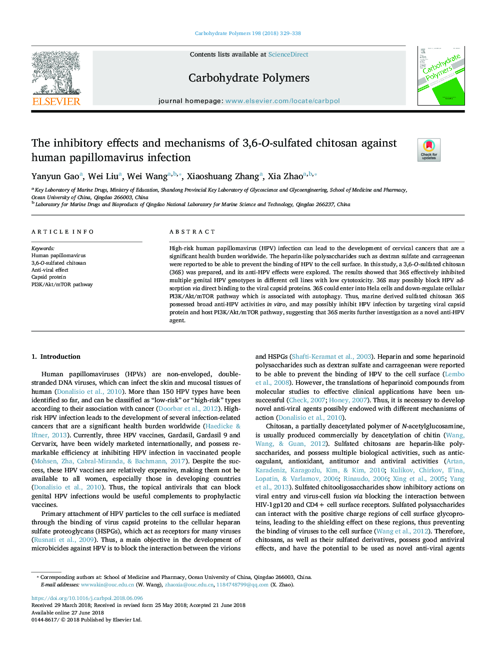 The inhibitory effects and mechanisms of 3,6-O-sulfated chitosan against human papillomavirus infection