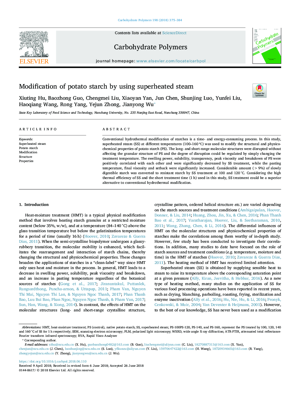 Modification of potato starch by using superheated steam