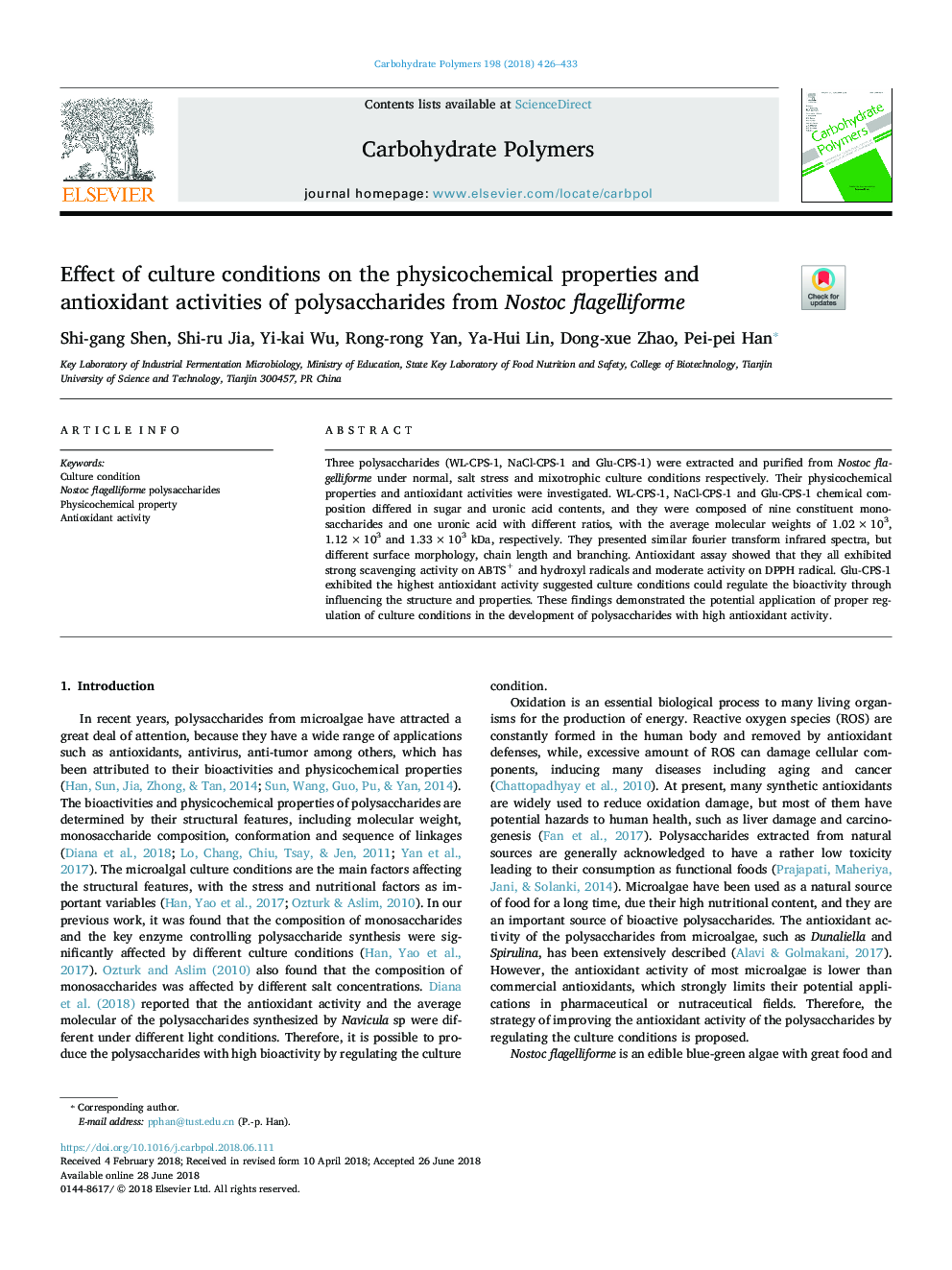 Effect of culture conditions on the physicochemical properties and antioxidant activities of polysaccharides from Nostoc flagelliforme