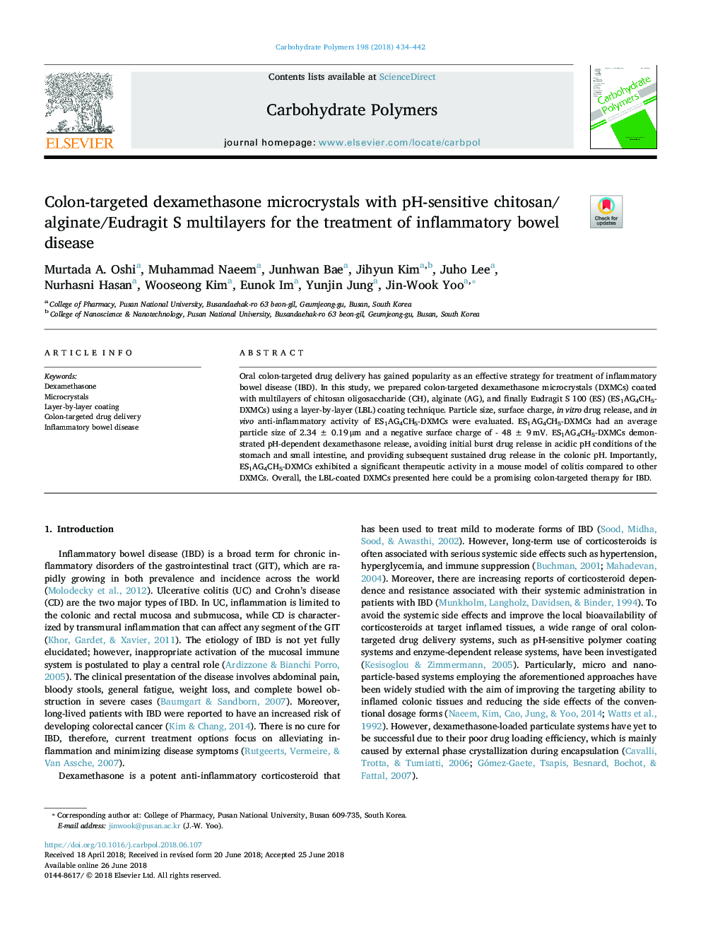 Colon-targeted dexamethasone microcrystals with pH-sensitive chitosan/alginate/Eudragit S multilayers for the treatment of inflammatory bowel disease