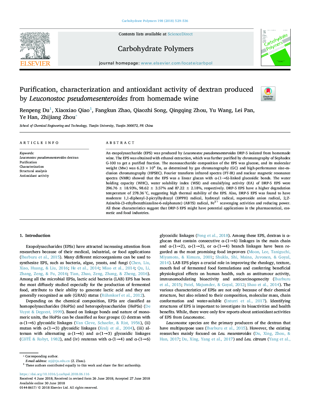 Purification, characterization and antioxidant activity of dextran produced by Leuconostoc pseudomesenteroides from homemade wine