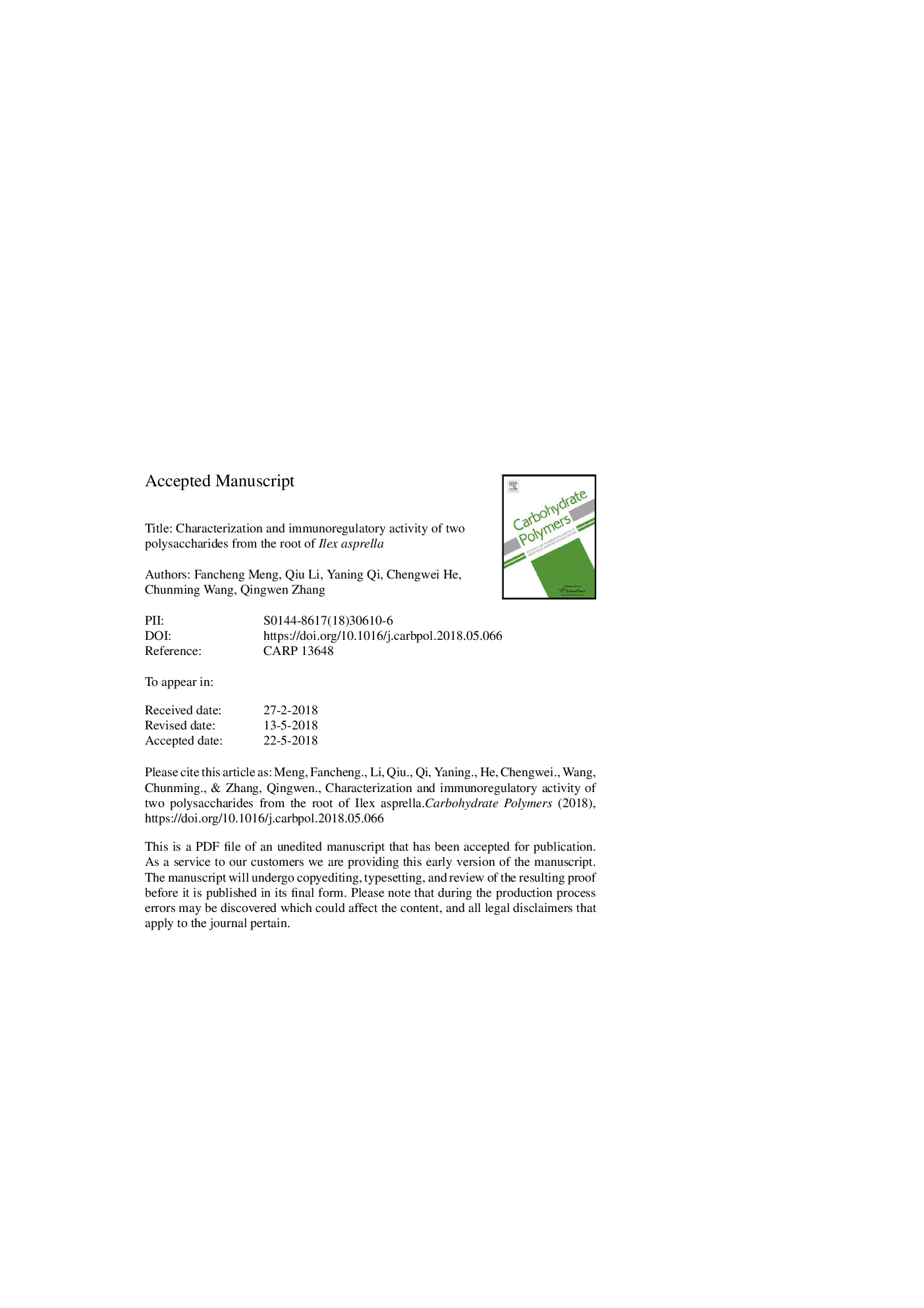 عکس صفحه اول مقاله: Characterization and immunoregulatory activity of two polysaccharides from the root of Ilex asprella Characterization and immunoregulatory activity of two polysaccharides from the root of Ilex asprella
