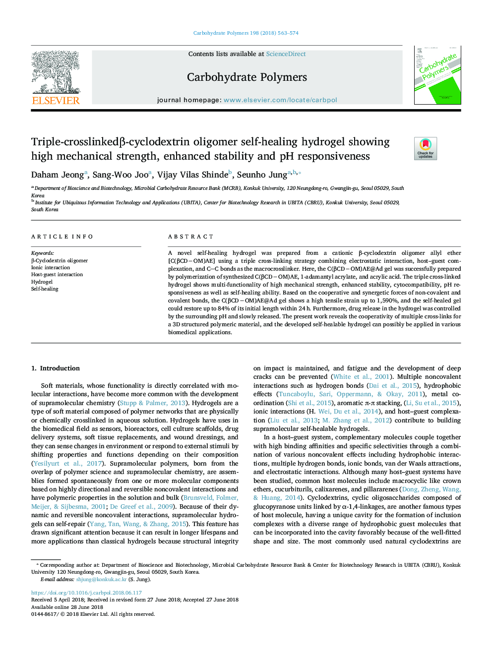 Triple-crosslinkedÎ²-cyclodextrin oligomer self-healing hydrogel showing high mechanical strength, enhanced stability and pH responsiveness