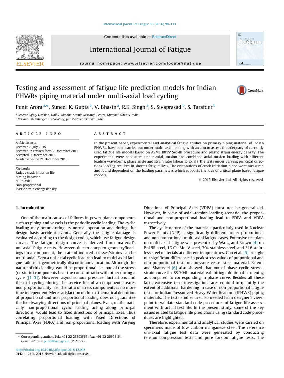 Testing and assessment of fatigue life prediction models for Indian PHWRs piping material under multi-axial load cycling