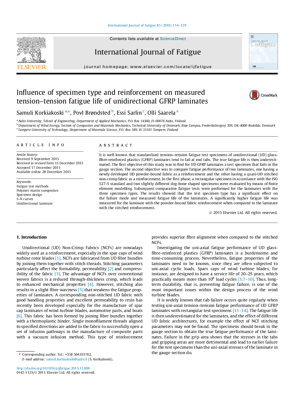 Influence of specimen type and reinforcement on measured tension–tension fatigue life of unidirectional GFRP laminates