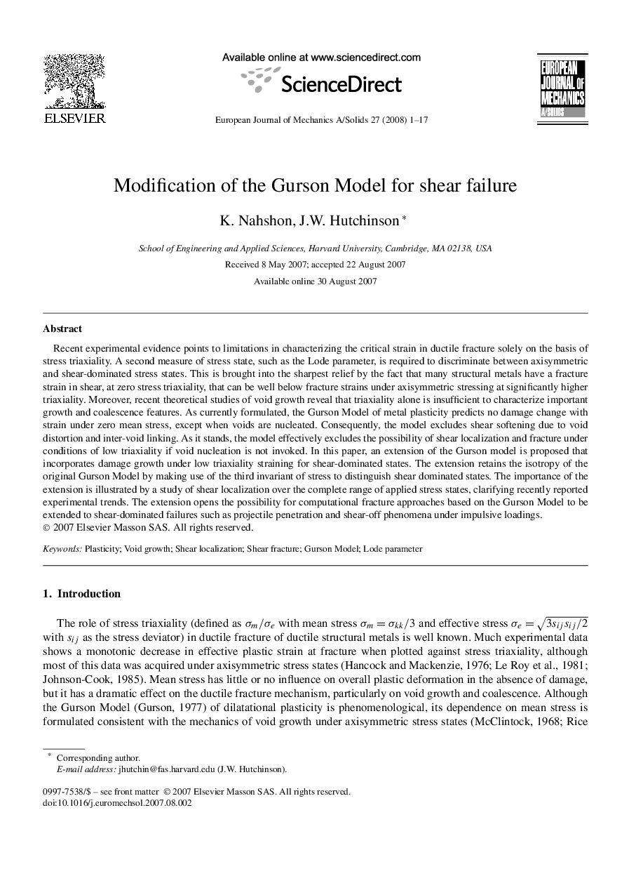 Modification of the Gurson Model for shear failure