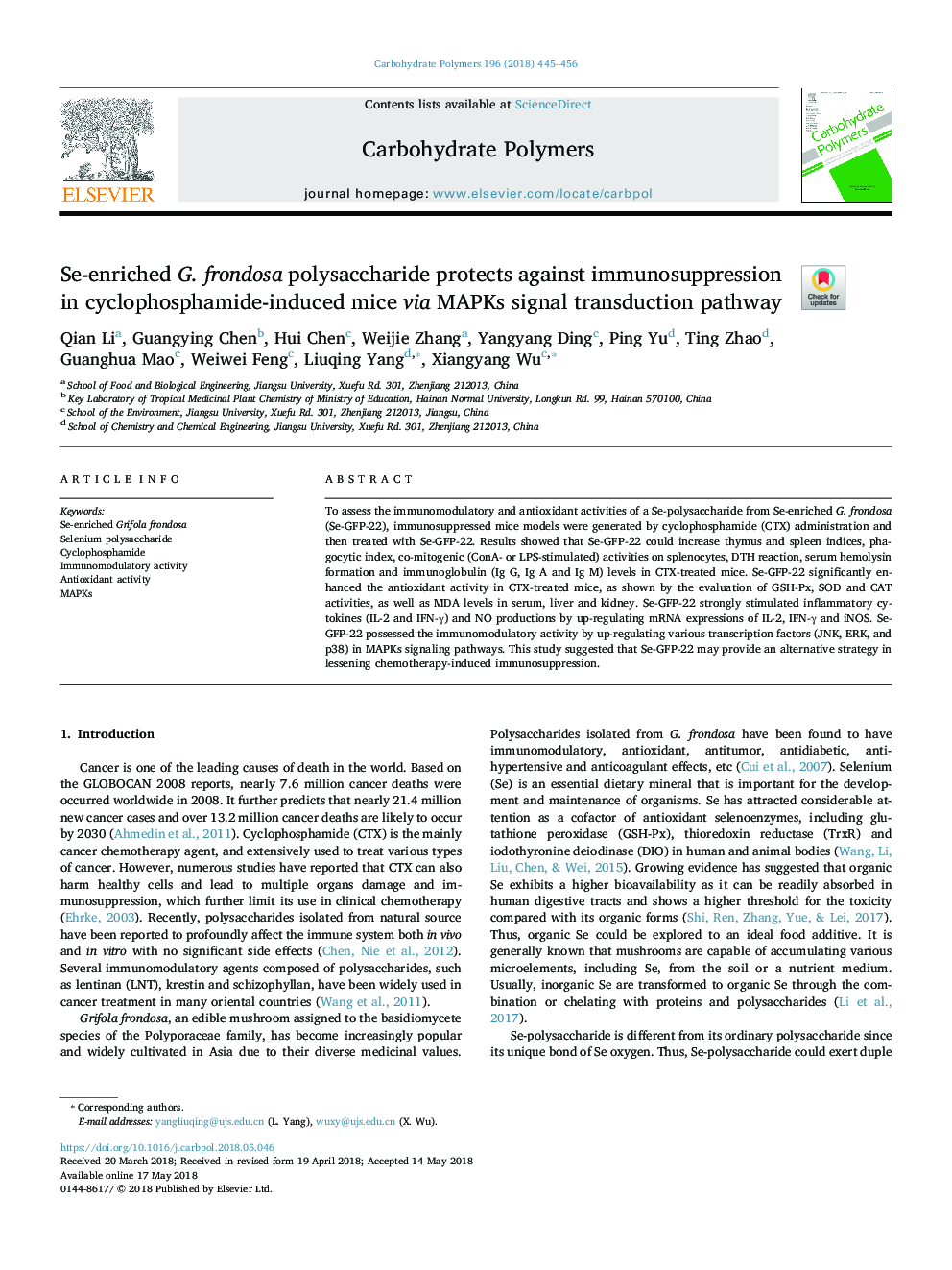 Se-enriched G. frondosa polysaccharide protects against immunosuppression in cyclophosphamide-induced mice via MAPKs signal transduction pathway