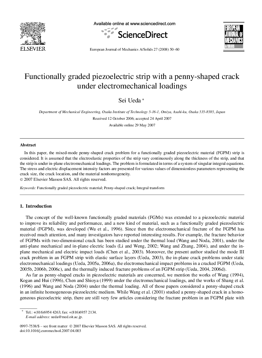 Functionally graded piezoelectric strip with a penny-shaped crack under electromechanical loadings