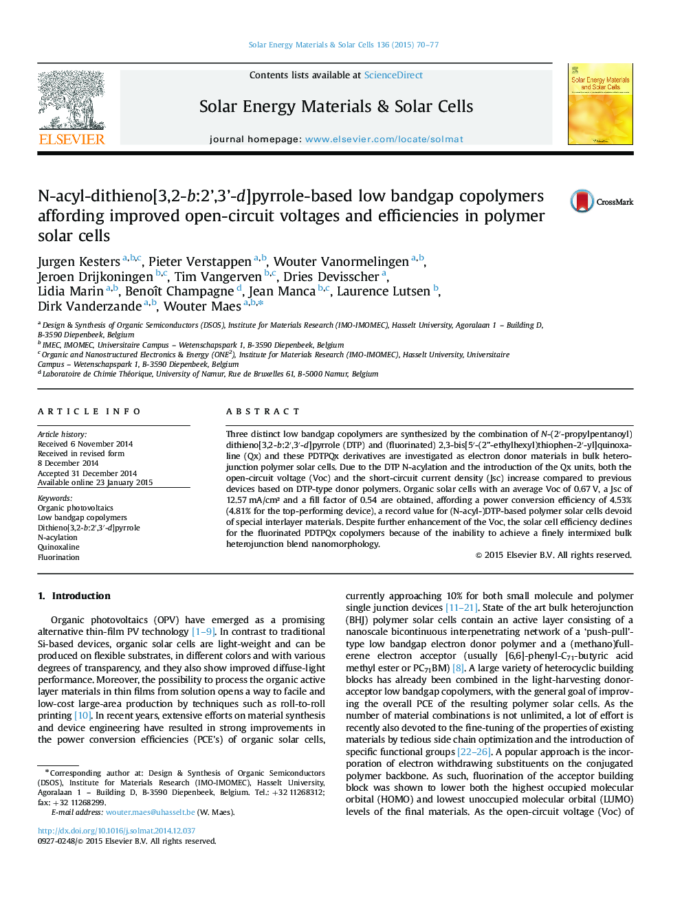 N-acyl-dithieno[3,2-b:2’,3’-d]pyrrole-based low bandgap copolymers affording improved open-circuit voltages and efficiencies in polymer solar cells