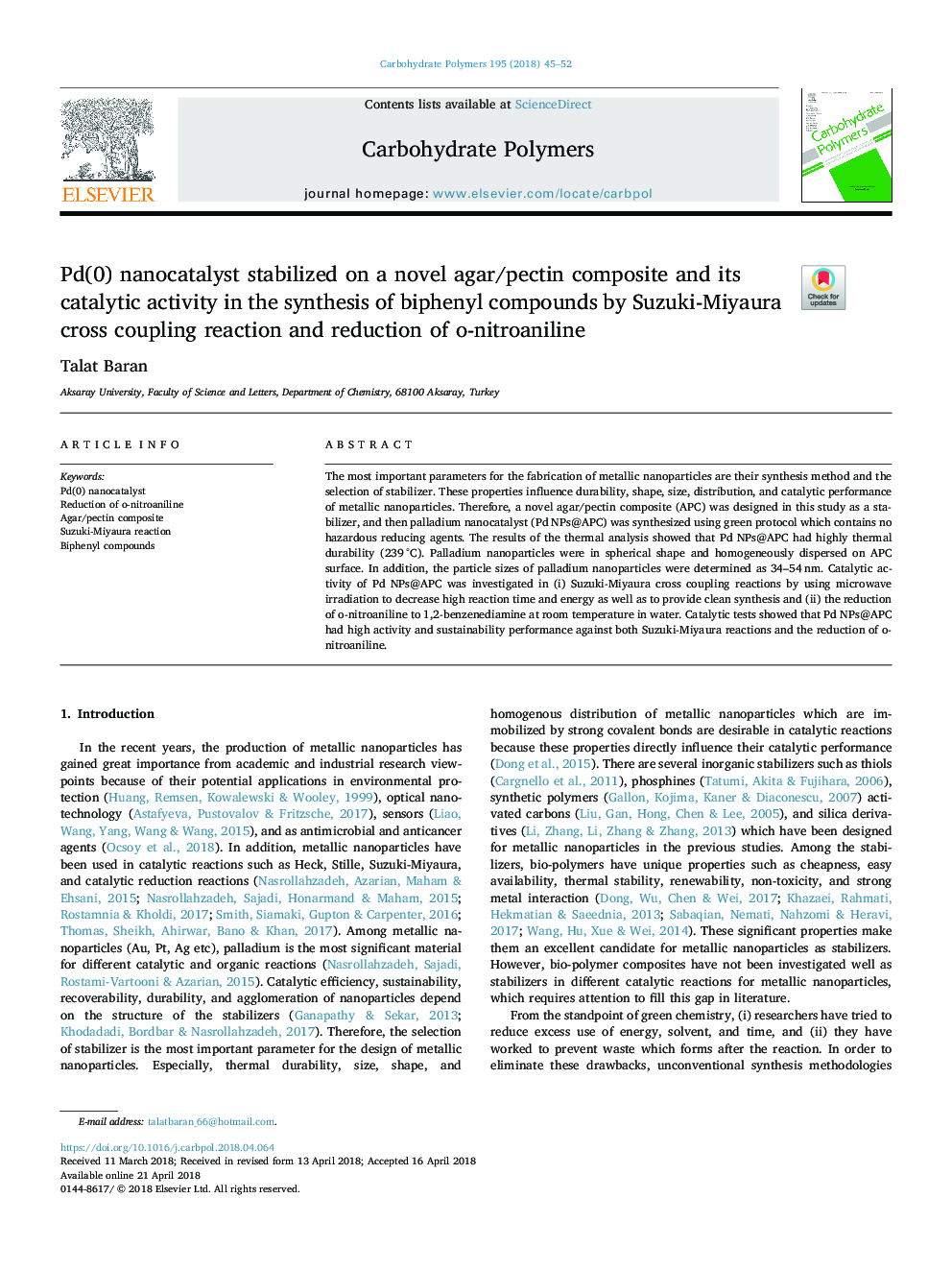 Pd(0) nanocatalyst stabilized on a novel agar/pectin composite and its catalytic activity in the synthesis of biphenyl compounds by Suzuki-Miyaura cross coupling reaction and reduction of o-nitroaniline