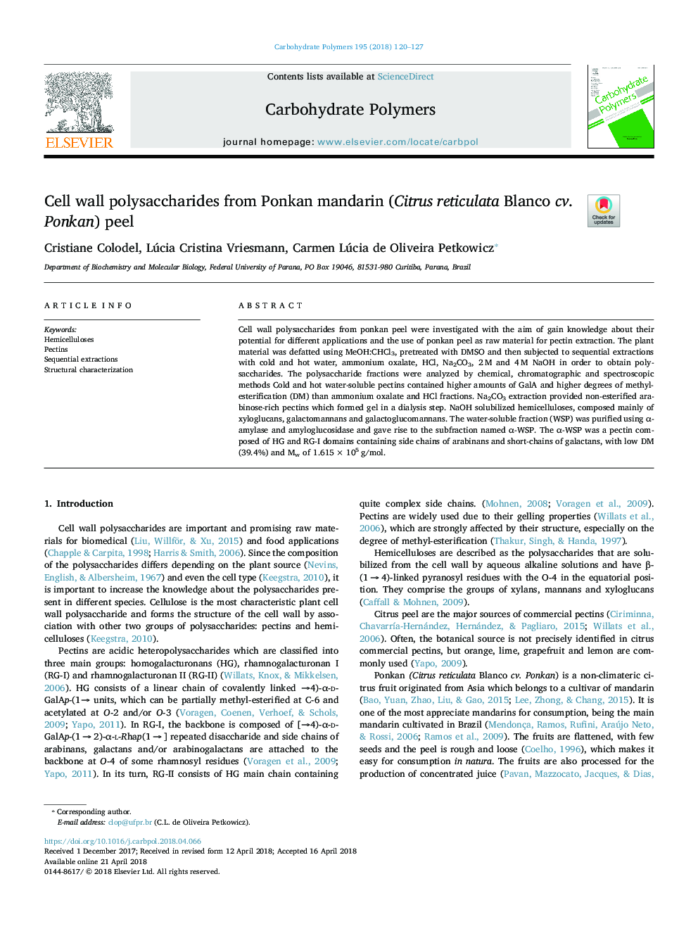 Cell wall polysaccharides from Ponkan mandarin (Citrus reticulata Blanco cv. Ponkan) peel