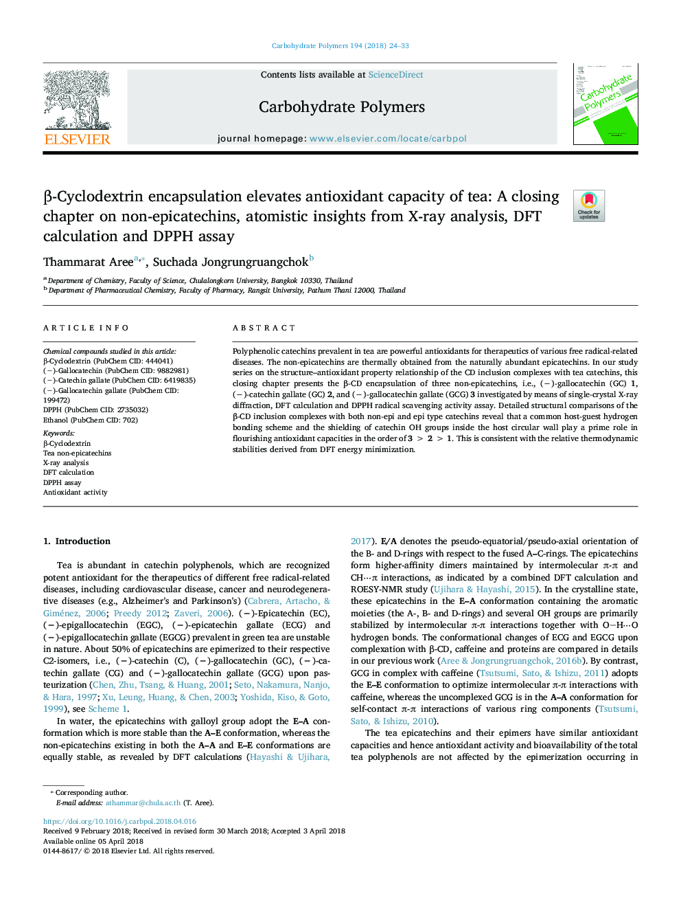 Î²-Cyclodextrin encapsulation elevates antioxidant capacity of tea: A closing chapter on non-epicatechins, atomistic insights from X-ray analysis, DFT calculation and DPPH assay