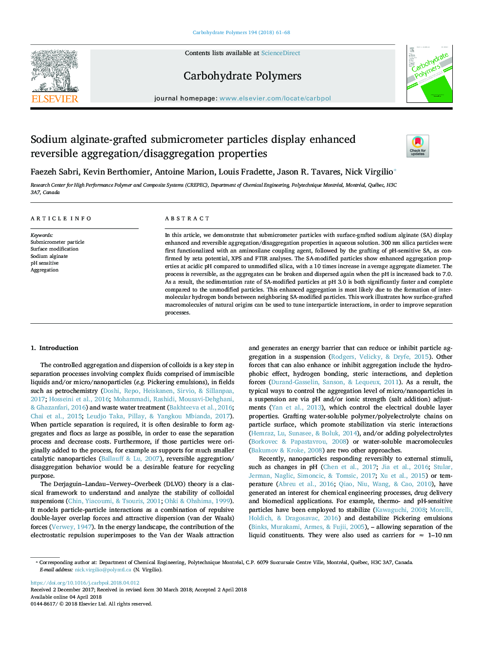 Sodium alginate-grafted submicrometer particles display enhanced reversible aggregation/disaggregation properties