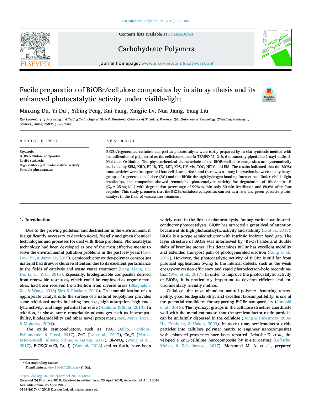 Facile preparation of BiOBr/cellulose composites by in situ synthesis and its enhanced photocatalytic activity under visible-light