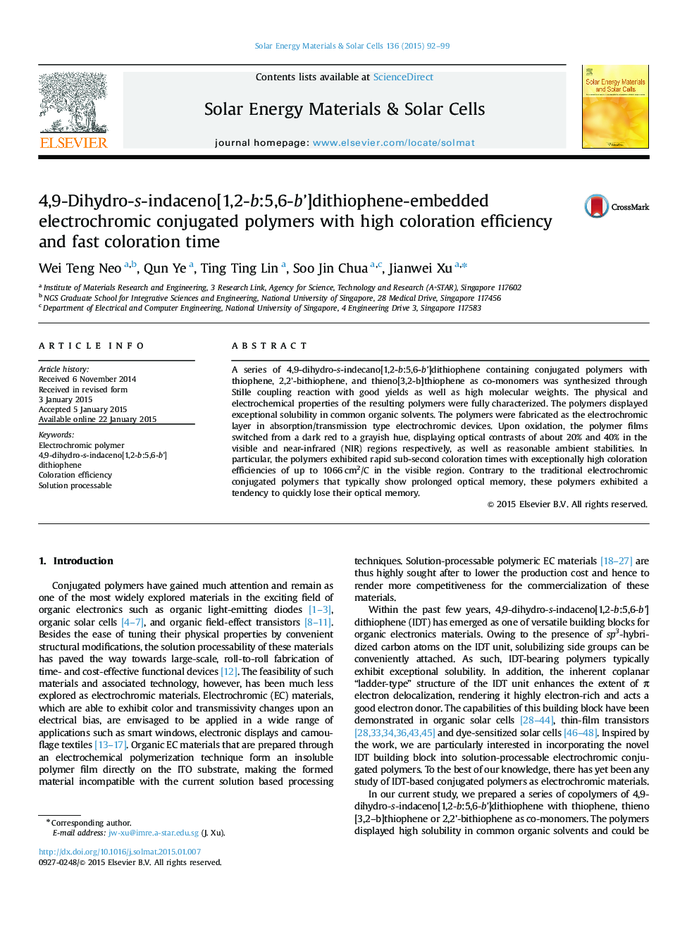 4,9-Dihydro-s-indaceno[1,2-b:5,6-b’]dithiophene-embedded electrochromic conjugated polymers with high coloration efficiency and fast coloration time