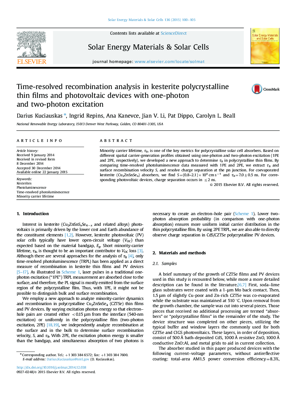 Time-resolved recombination analysis in kesterite polycrystalline thin films and photovoltaic devices with one-photon and two-photon excitation