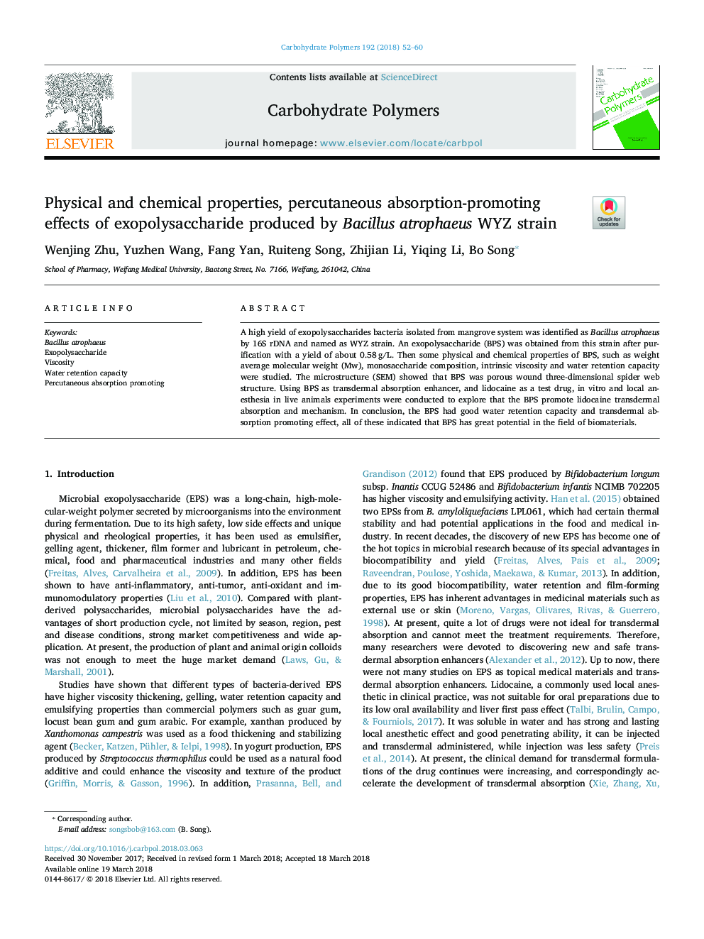 Physical and chemical properties, percutaneous absorption-promoting effects of exopolysaccharide produced by Bacillus atrophaeus WYZ strain