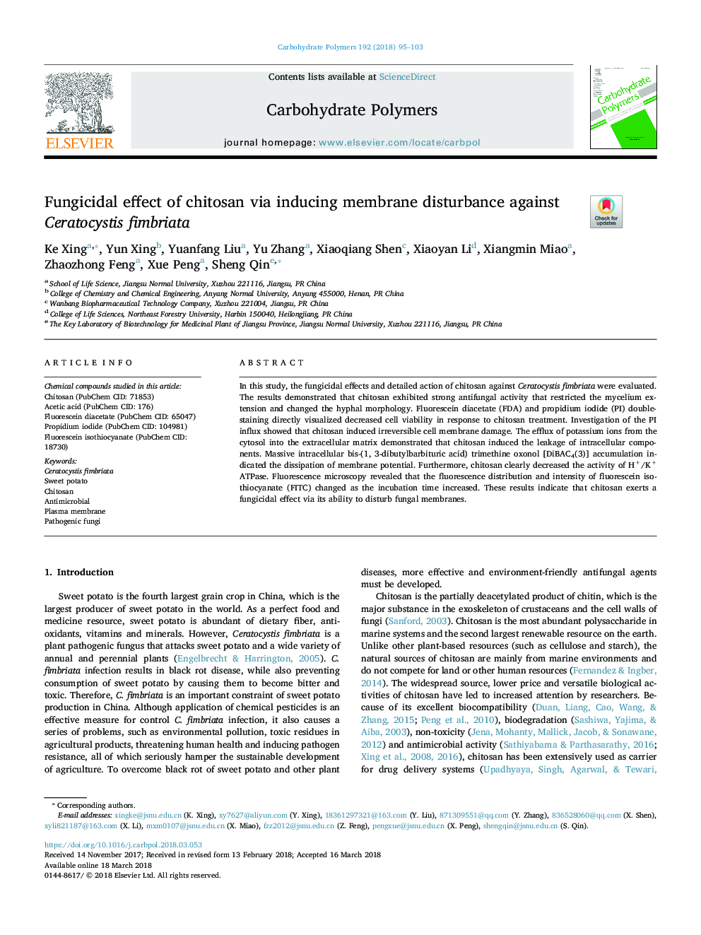 Fungicidal effect of chitosan via inducing membrane disturbance against Ceratocystis fimbriata