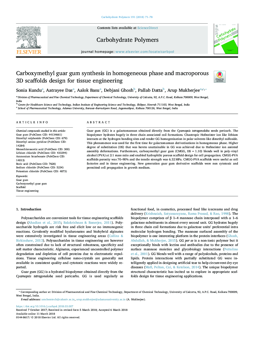 Carboxymethyl guar gum synthesis in homogeneous phase and macroporous 3D scaffolds design for tissue engineering