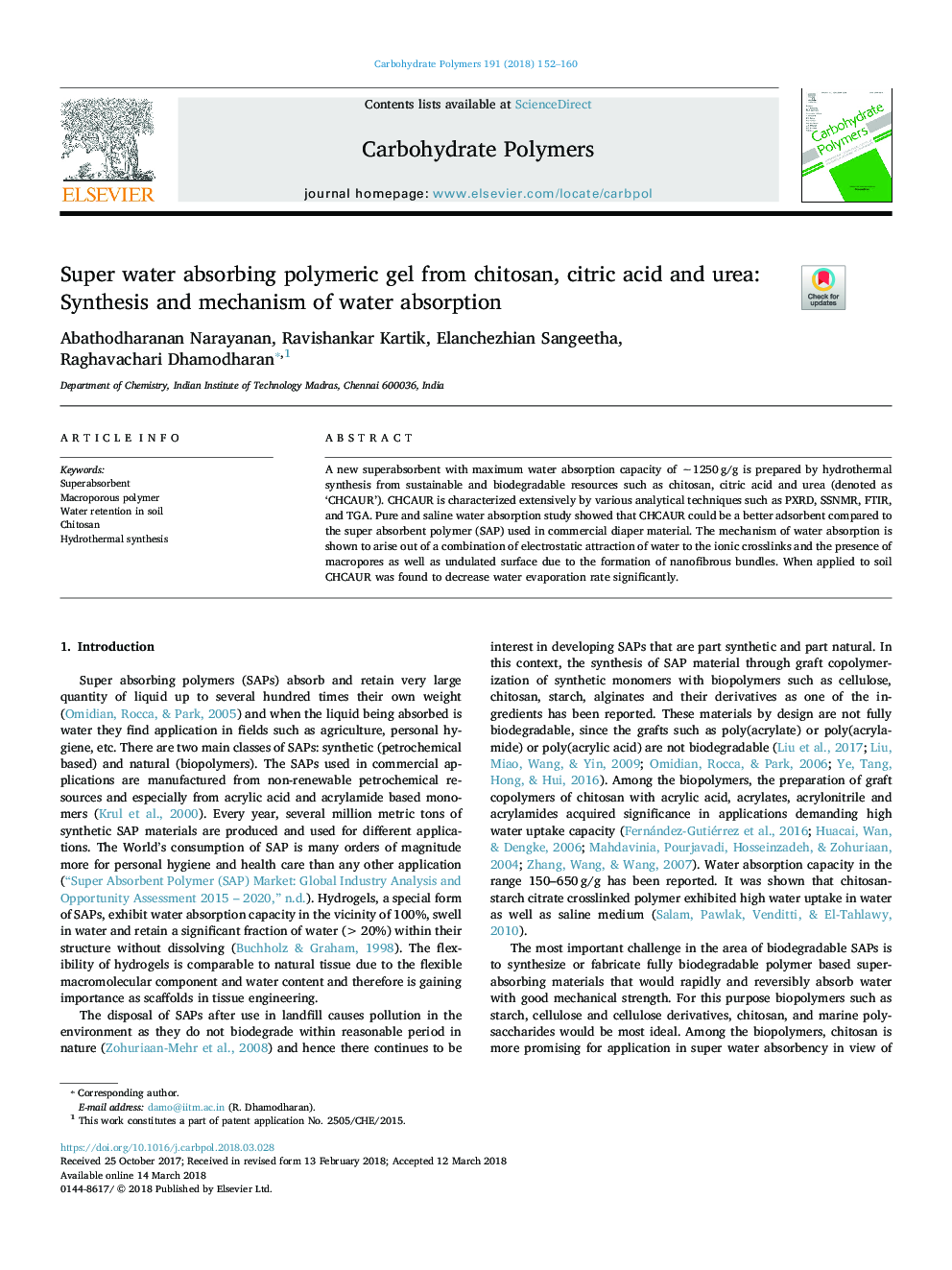 Super water absorbing polymeric gel from chitosan, citric acid and urea: Synthesis and mechanism of water absorption