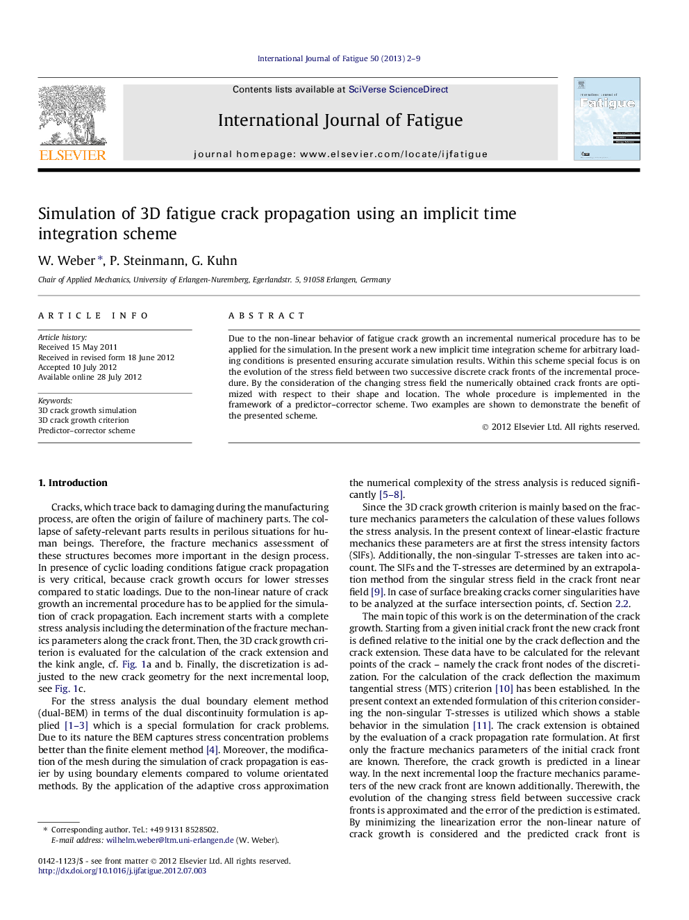 عکس صفحه اول مقاله: Simulation of 3D fatigue crack propagation using an implicit time integration scheme Simulation of 3D fatigue crack propagation using an implicit time integration scheme
