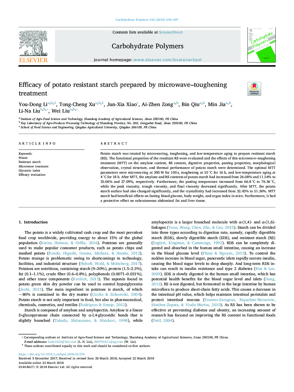 Efficacy of potato resistant starch prepared by microwave-toughening treatment