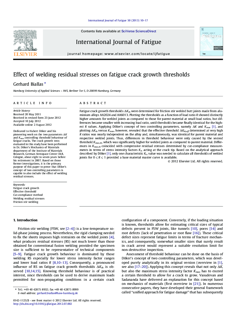 Effect of welding residual stresses on fatigue crack growth thresholds