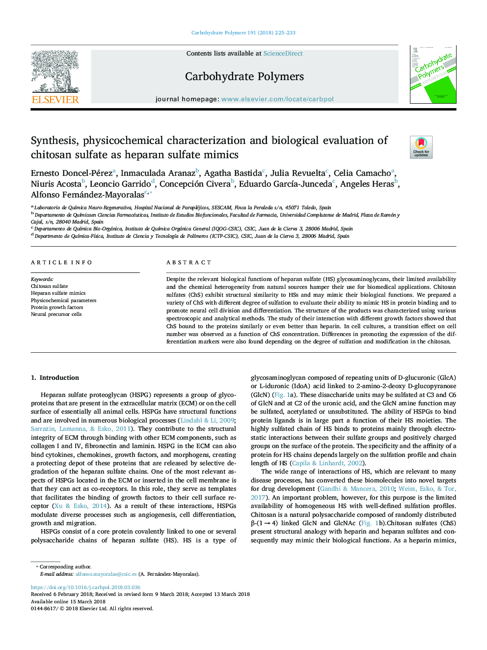 Synthesis, physicochemical characterization and biological evaluation of chitosan sulfate as heparan sulfate mimics